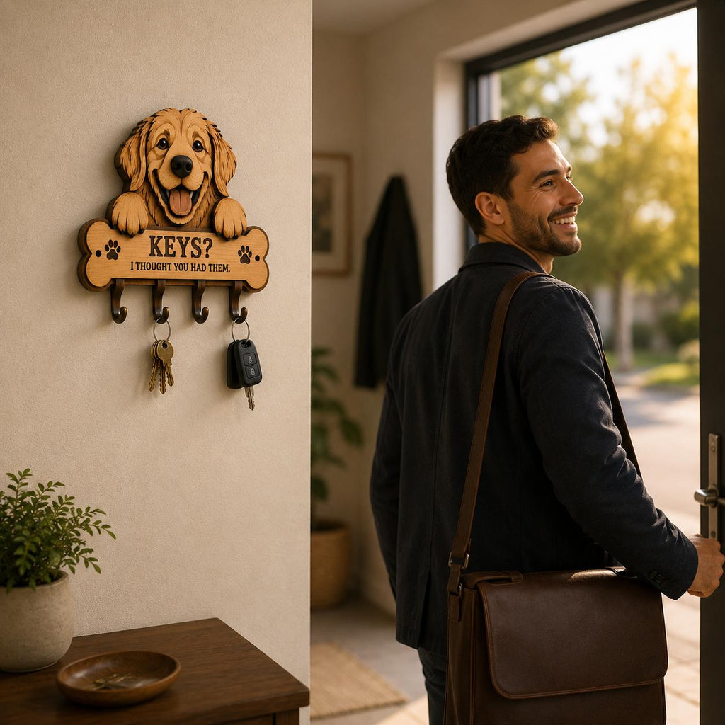 Golden Retriever key rack hanging beside a doorway with keys attached, featuring a humorous quote, layered wood appearance, and practical laser cut home organization design.