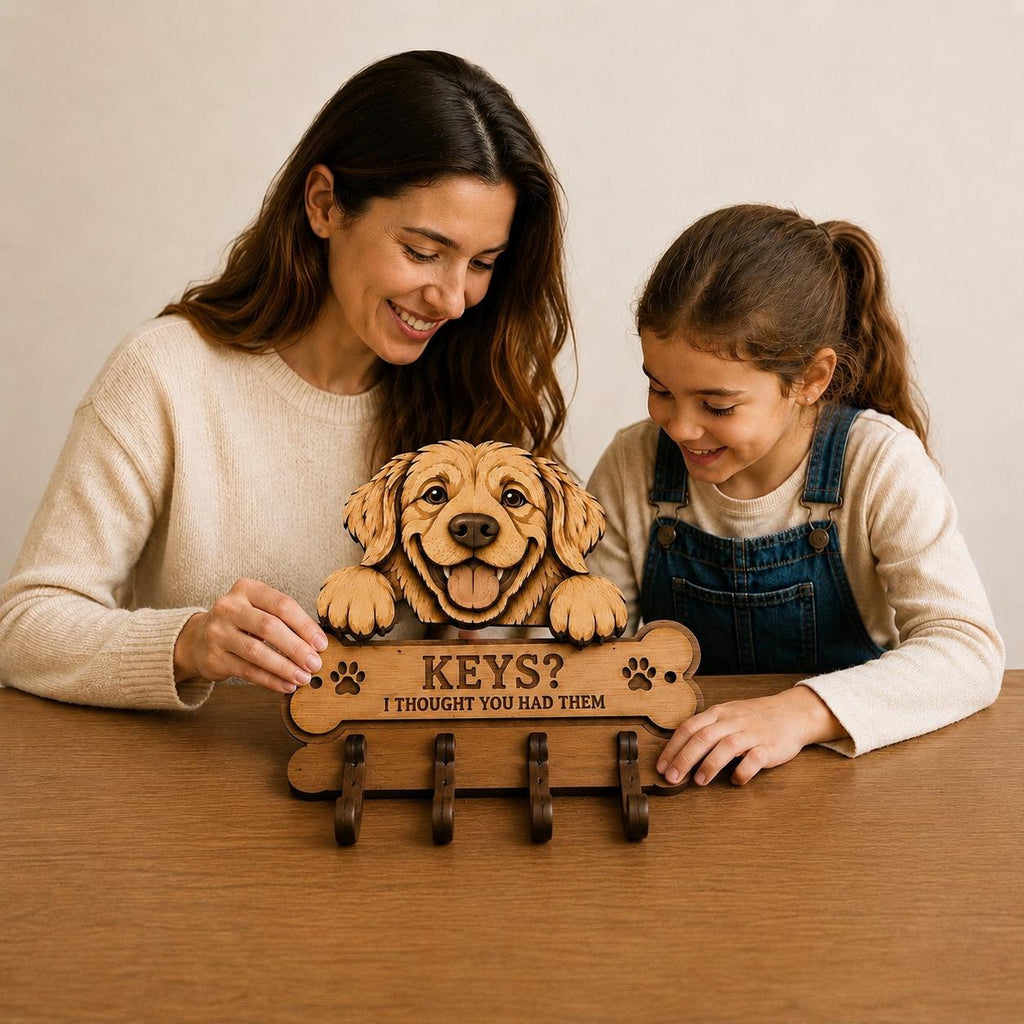 Family displaying a Golden Retriever key holder SVG design on a tabletop, showcasing laser cut craftsmanship, dog lover gift idea, and decorative key organizer project.