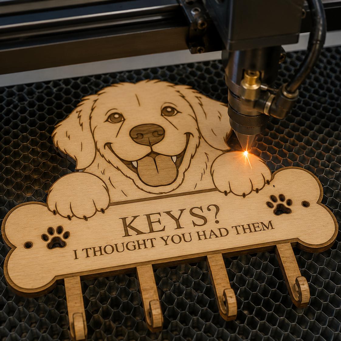 Golden Retriever key rack SVG being engraved on a laser cutting machine, showing dog bone design, key hooks, detailed engraving, and wood laser cut project in progress.