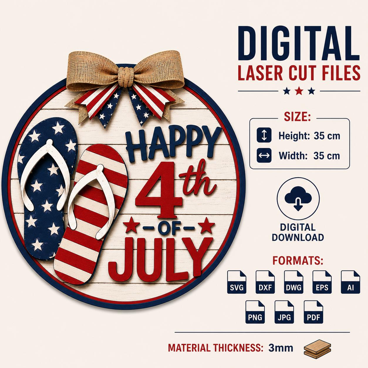 Happy 4th of July layered door hanger SVG with patriotic flip flops, digital laser cut file, 35cm size information, 3mm material thickness, and multiple file formats included.