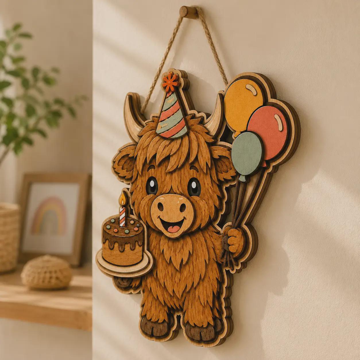 Layered Highland cow birthday sign hanging on a wall with balloons and cake. Digital laser cut file for farmhouse decor and children's room decorations.