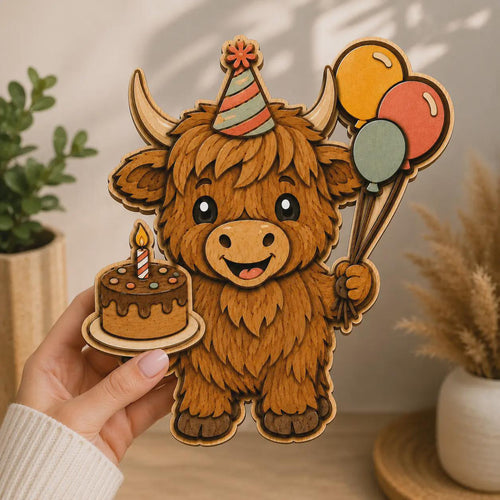 Hand holding a layered Highland cow birthday SVG featuring balloons and cake. Laser cut design perfect for Glowforge, nursery decor, and birthday gifts.