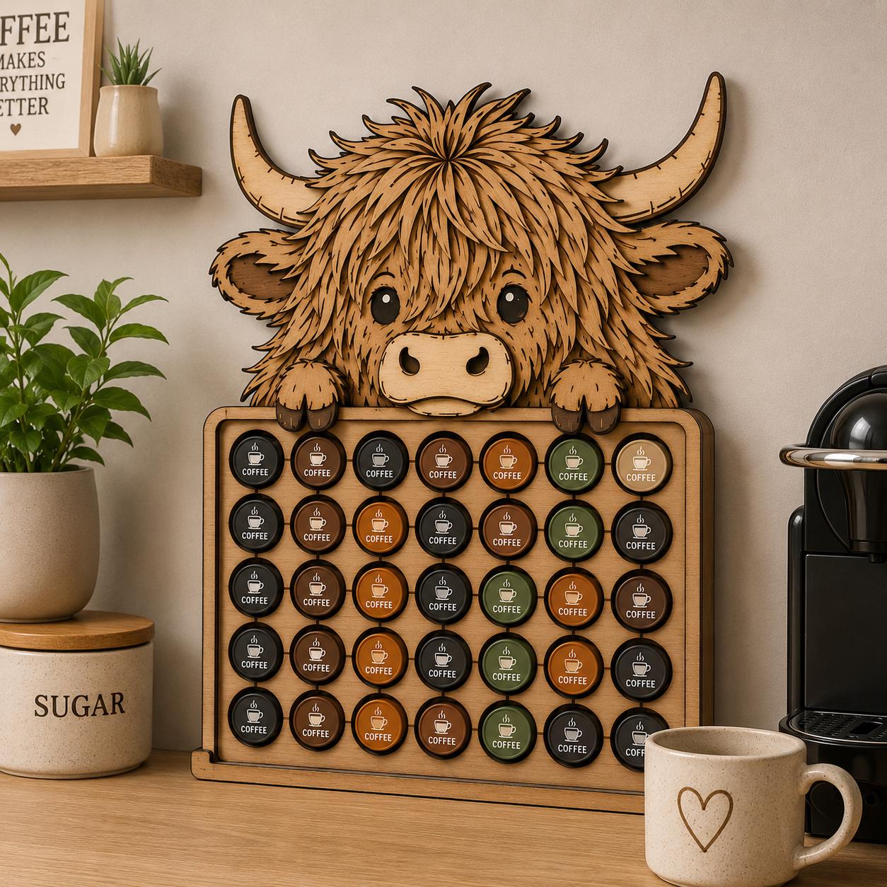 Rustic Highland Cow coffee capsule holder displayed on a kitchen counter with coffee machine, providing decorative and practical Nespresso pod storage.