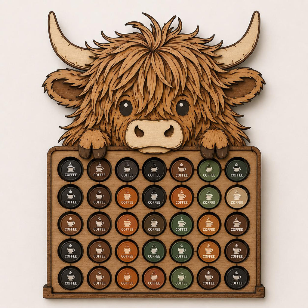Layered Highland Cow coffee pod holder SVG with space for 35 Nespresso capsules, featuring a cute farmhouse design for laser cutting, Glowforge projects, and kitchen organization.