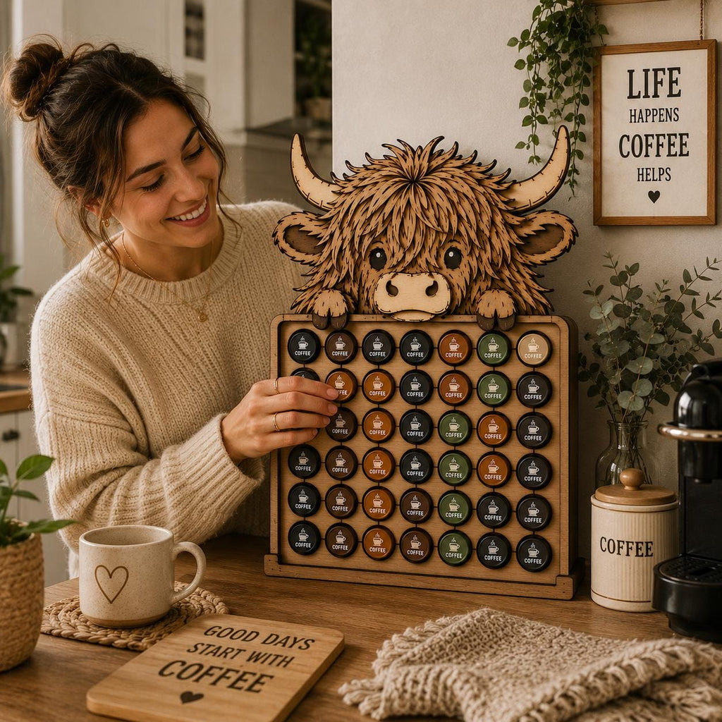 Woman organizing coffee capsules in a Highland Cow coffee pod rack SVG design, ideal for Glowforge laser cutting and farmhouse kitchen decor.