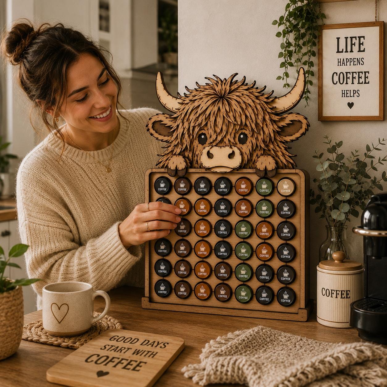 Woman organizing coffee capsules in a Highland Cow coffee pod rack SVG design, ideal for Glowforge laser cutting and farmhouse kitchen decor.