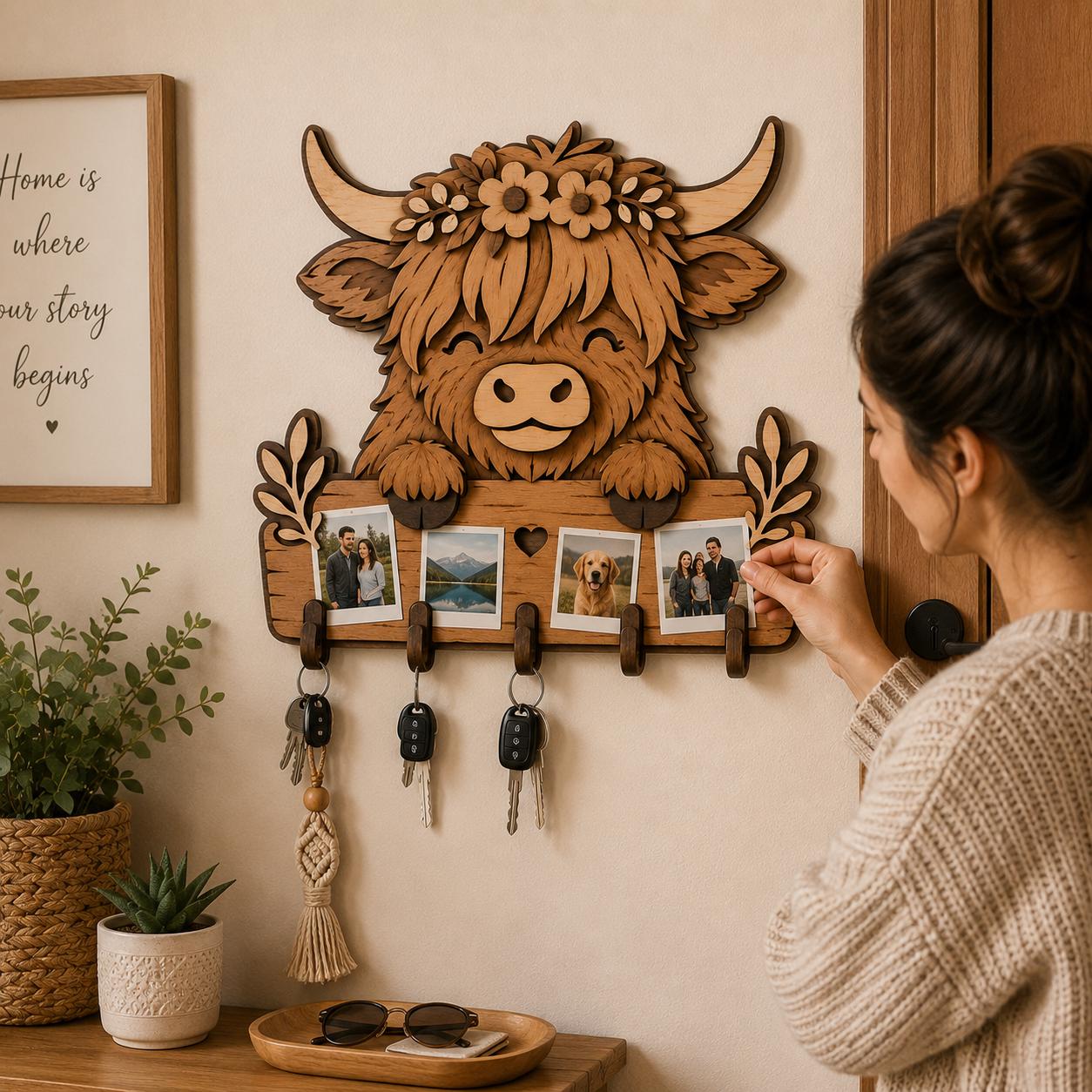 Rustic Highland Cow entryway key holder laser cut design with multiple hooks, perfect for organizing keys while adding farmhouse charm to home decor.