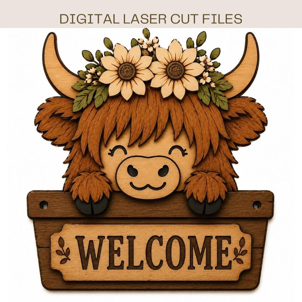Layered Highland cow SVG featuring a floral crown and welcome sign, designed as a rustic farmhouse laser cut door hanger for home decor.