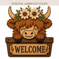Layered Highland cow SVG featuring a floral crown and welcome sign, designed as a rustic farmhouse laser cut door hanger for home decor.