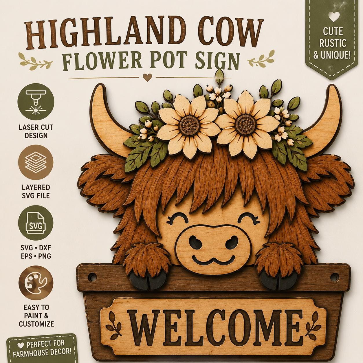 Highland cow flower pot sign laser cut design with layered wooden details, floral accents, and welcome plaque for farmhouse decoration.