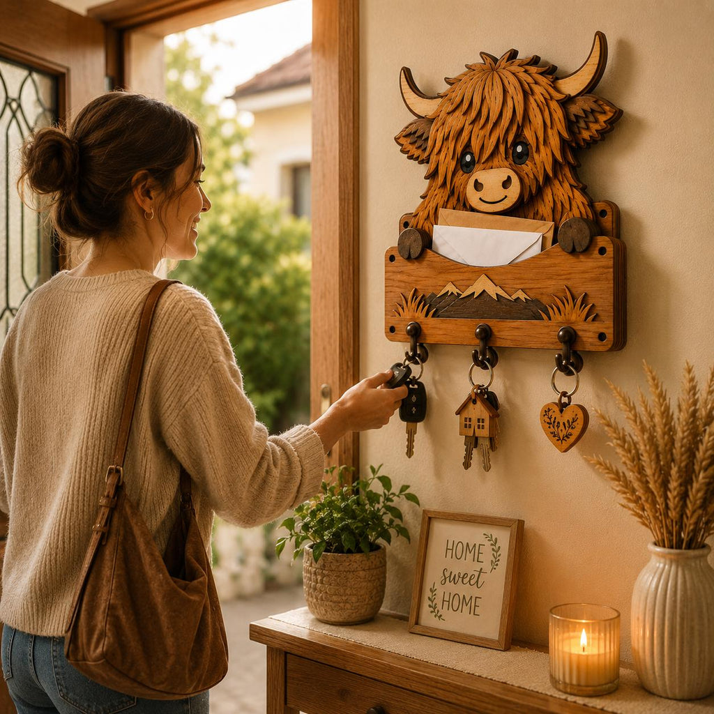 Woman using a Highland cow mail holder and key organizer in a farmhouse style home entryway with decorative wooden wall storage.