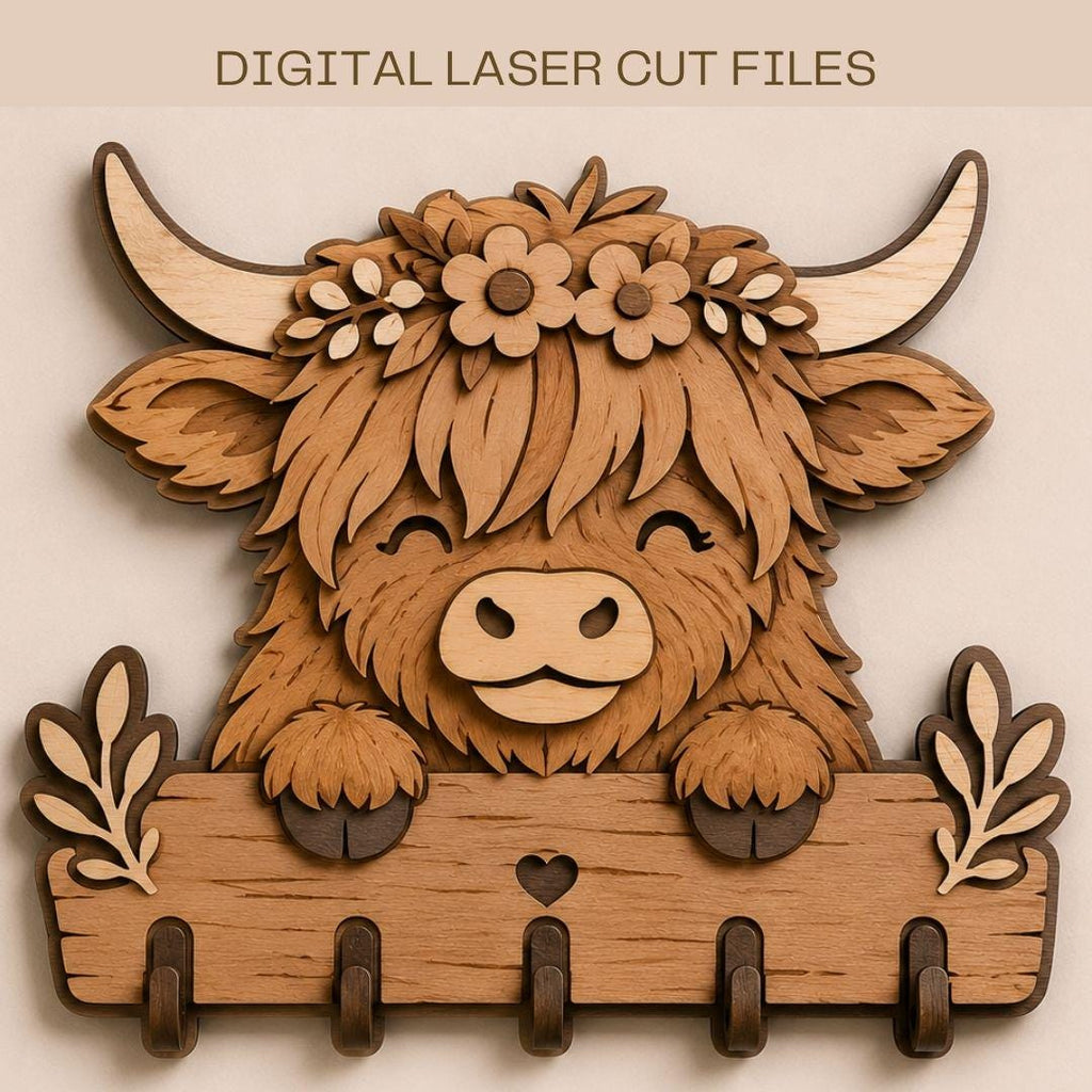 Cute Highland Cow key holder SVG featuring a layered laser cut design with 5 hooks, farmhouse wall organizer, and rustic wooden decor for entryways and homes.