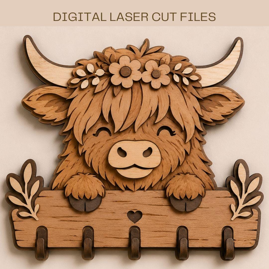 Cute Highland Cow key holder SVG featuring a layered laser cut design with 5 hooks, farmhouse wall organizer, and rustic wooden decor for entryways and homes.