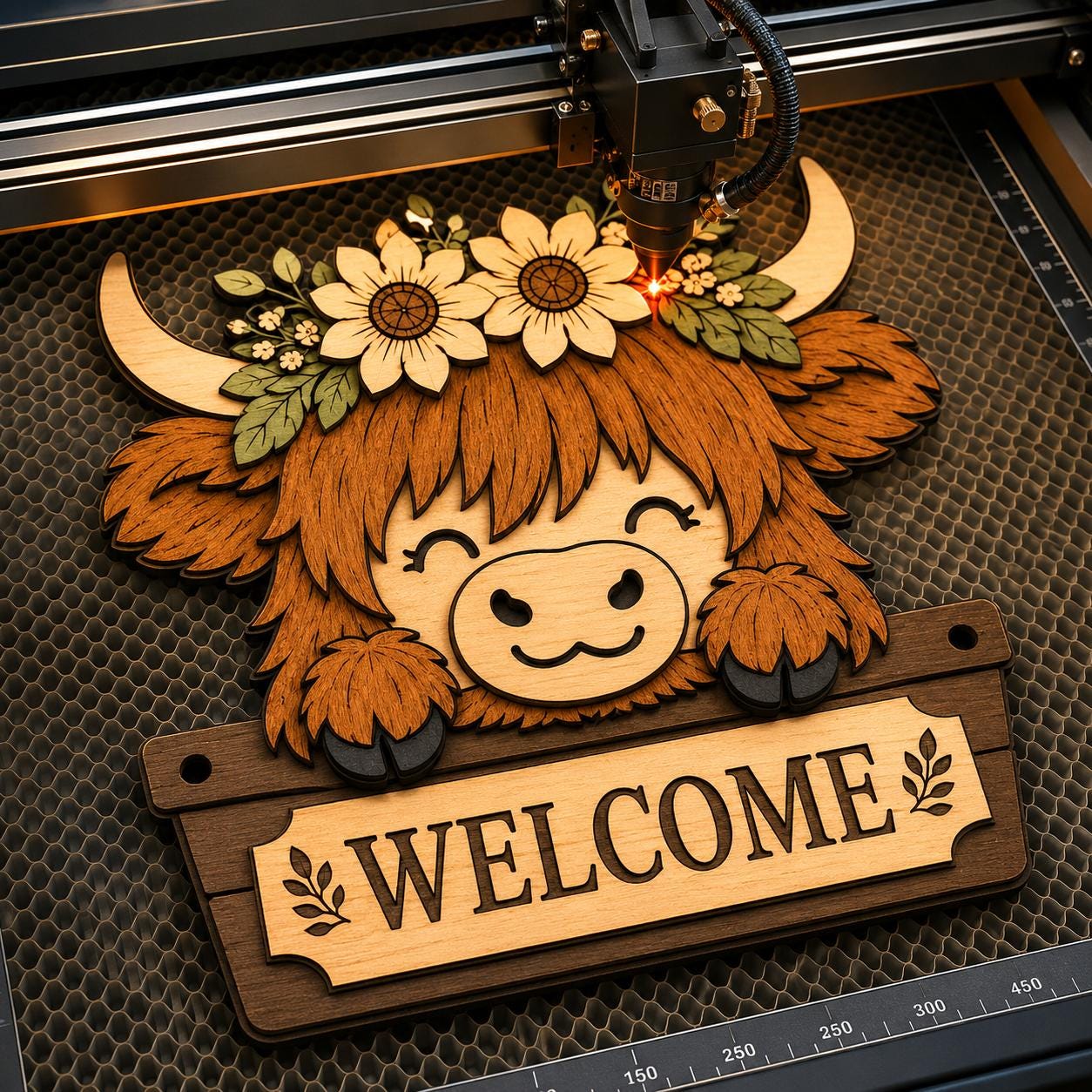 Laser cutting machine engraving a layered Highland cow floral SVG design, demonstrating precision cutting for wood craft projects and DIY decor.
