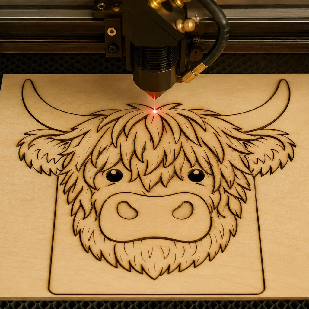 Laser machine engraving a Highland Cow toilet paper holder template on plywood, showcasing a Glowforge-ready SVG file for laser cutting projects.