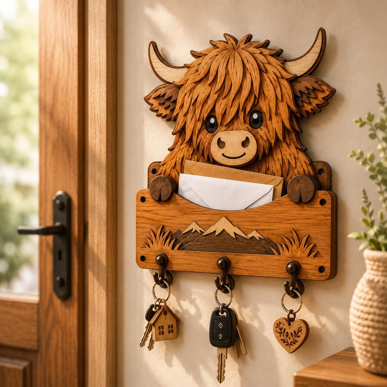 Highland cow wall mounted mail holder and key rack made from layered wood, displayed in a cozy farmhouse entryway.