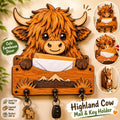 Cute Highland cow mail holder and key organizer laser cut SVG file featuring layered wooden farmhouse decor with key hooks and mail storage pocket.