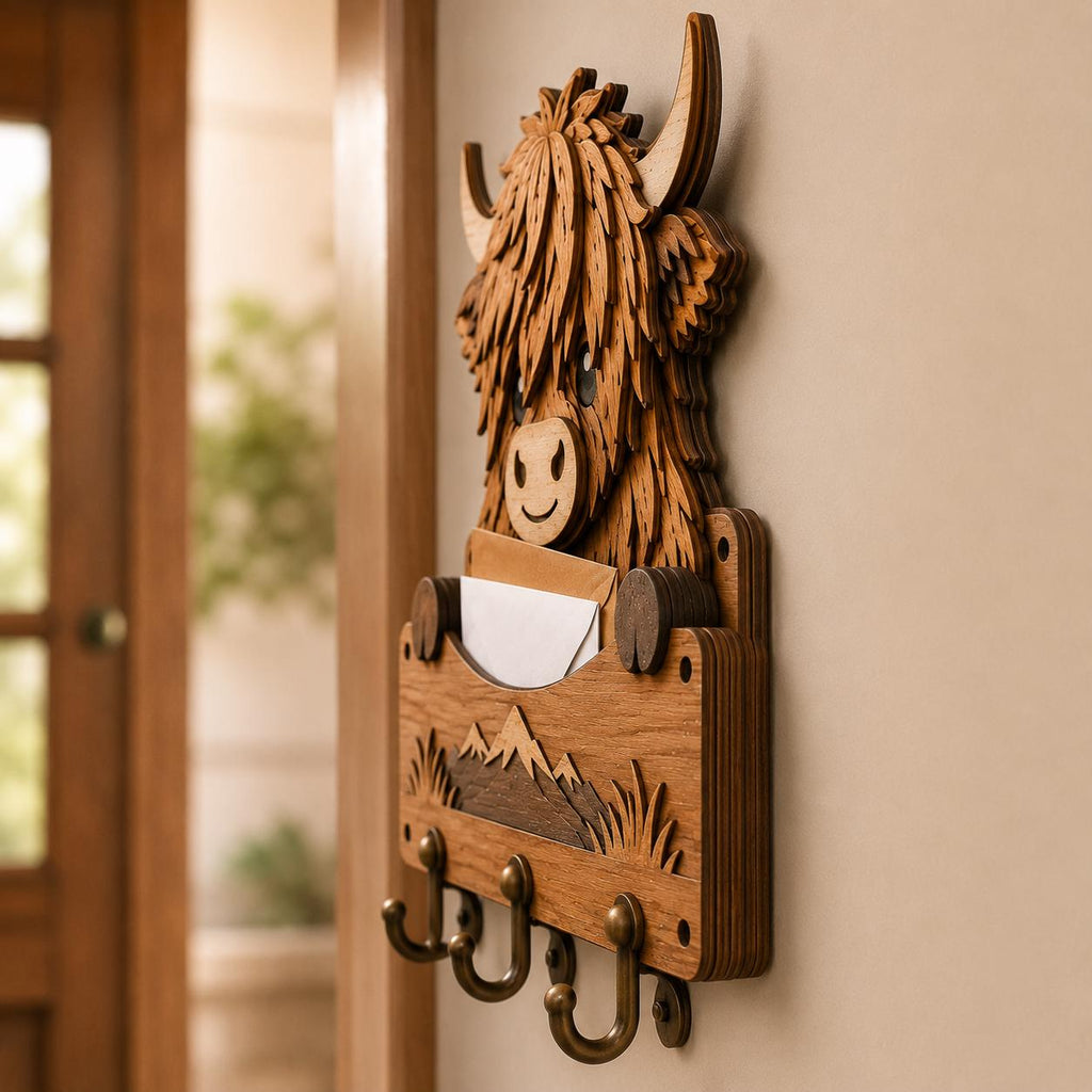 Side profile of a layered Highland cow mail holder laser cut design showing depth, wood layers, and wall mounted key hooks.