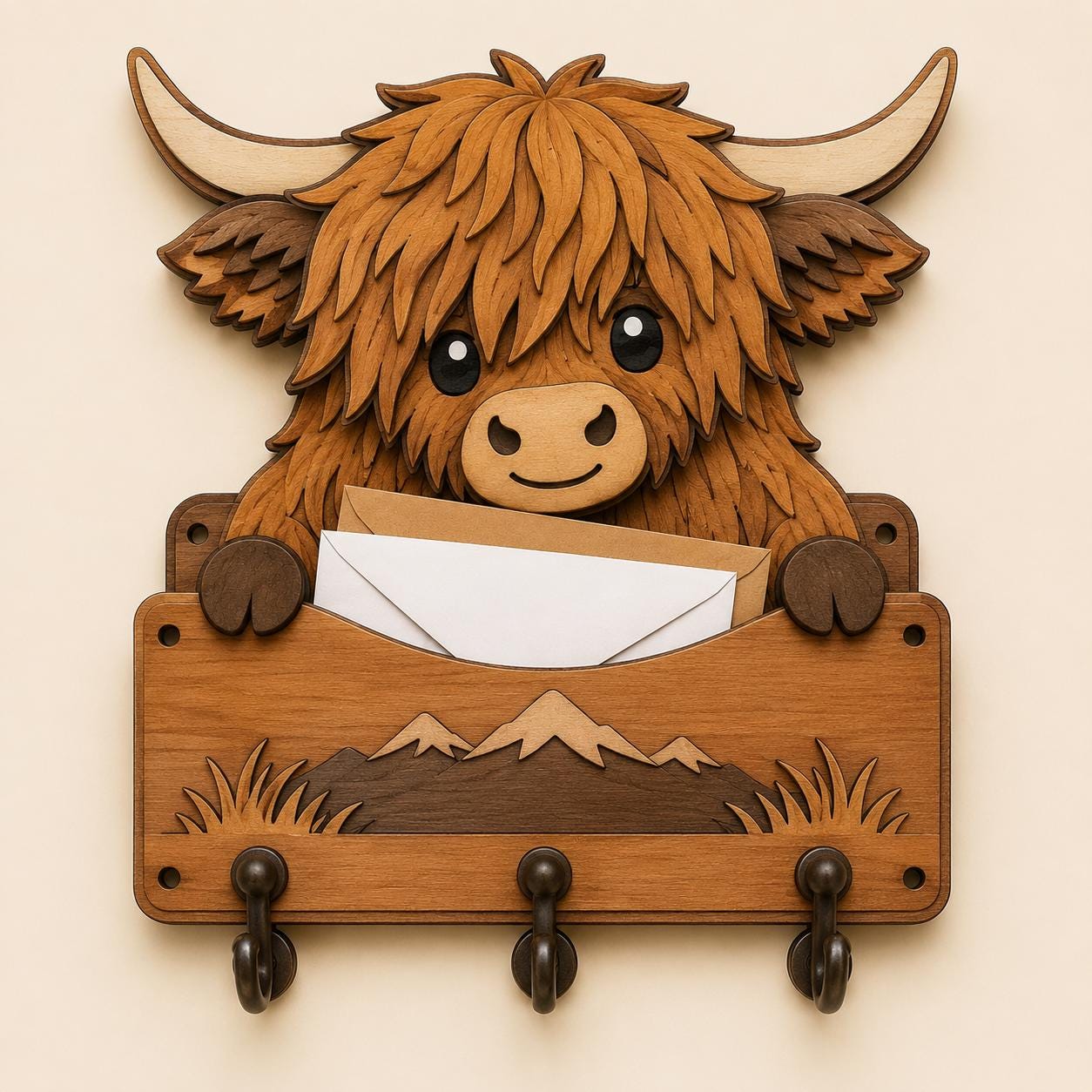 Layered wooden Highland cow mail holder SVG file with mountain details, key hooks, and farmhouse wall organizer design.