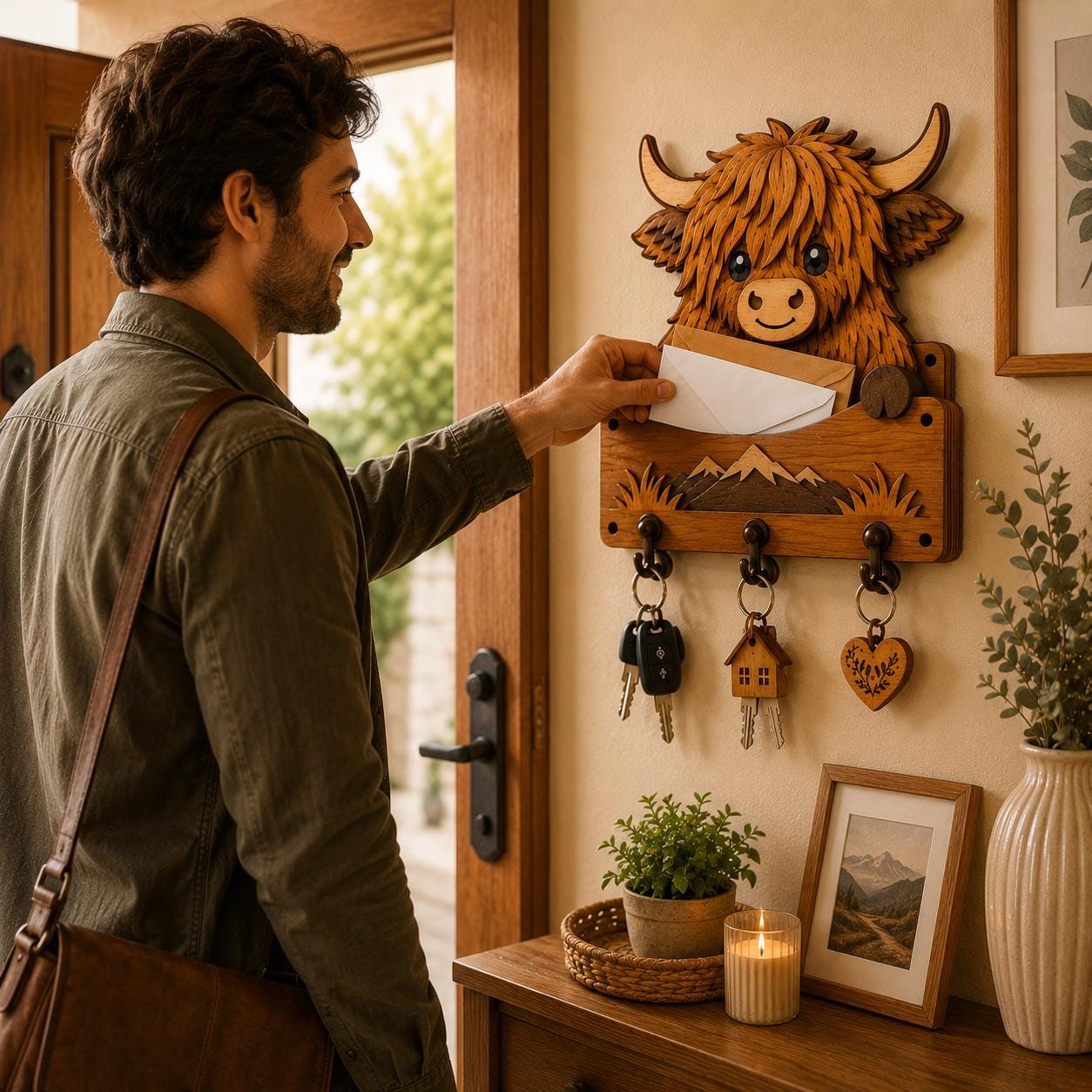 Man placing mail into a Highland cow wall organizer featuring key hooks and layered wooden farmhouse design.