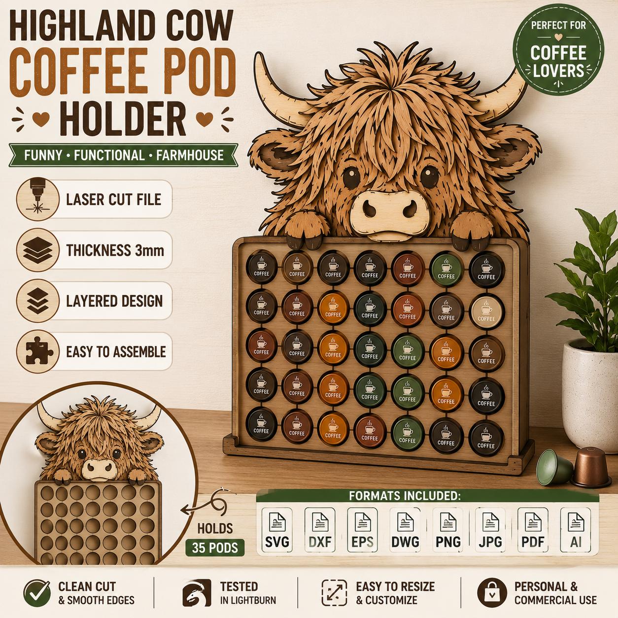 Layered Highland Cow Nespresso capsule holder SVG laser cut file with 35 pod capacity, farmhouse kitchen organizer, Glowforge ready design, and multiple file formats included.