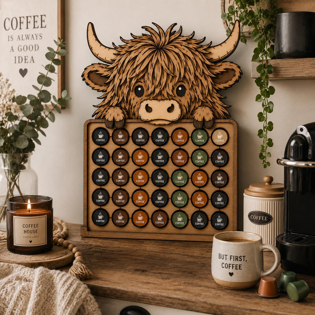 Wooden Highland Cow Nespresso pod storage organizer featuring layered laser cut artwork and farmhouse kitchen styling with coffee accessories.