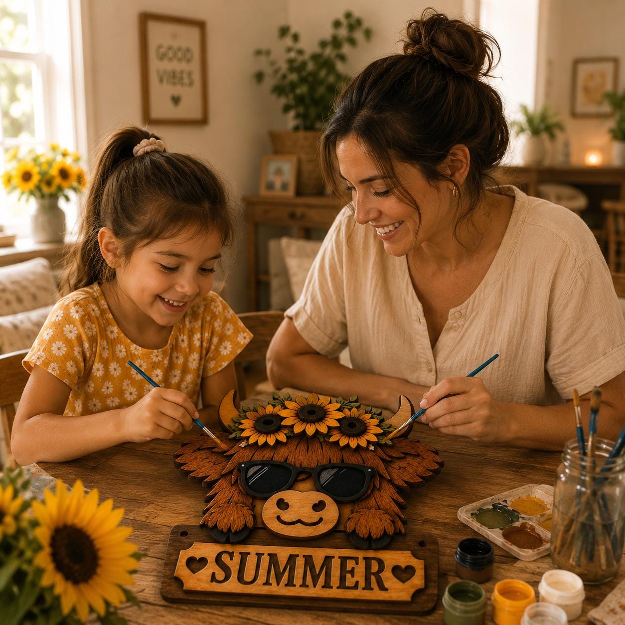 Mother and daughter painting a layered Highland cow summer sign craft project, showcasing a fun family DIY activity and laser cut wood decor.