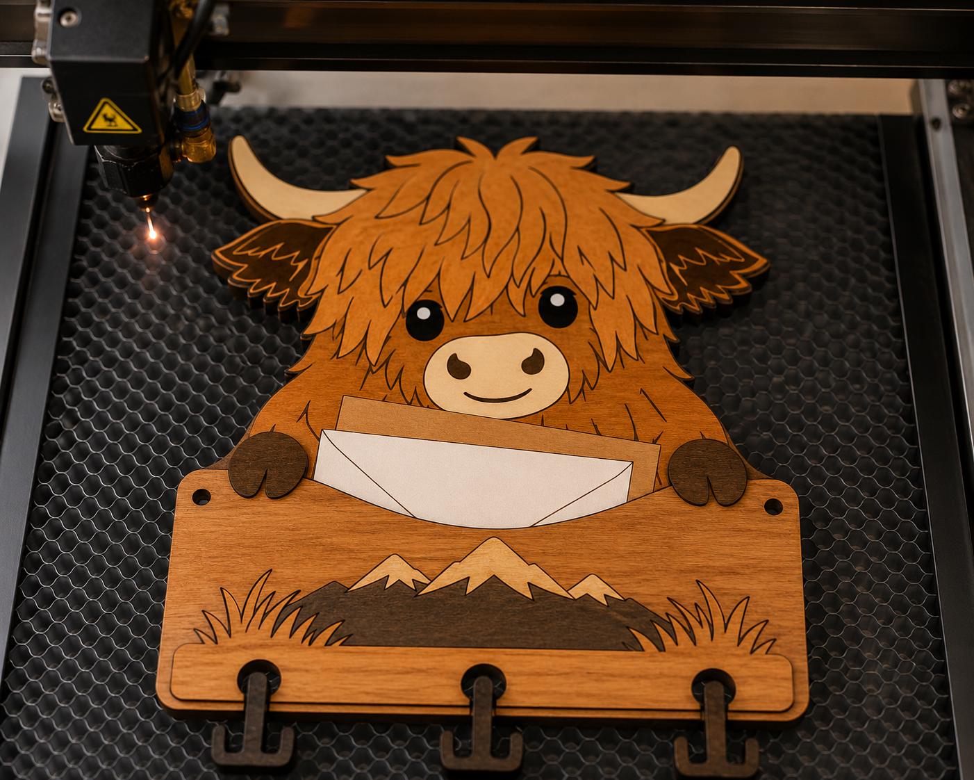 Laser cutting machine engraving a Highland cow mail holder SVG design on wood for creating a layered key organizer and mail rack.