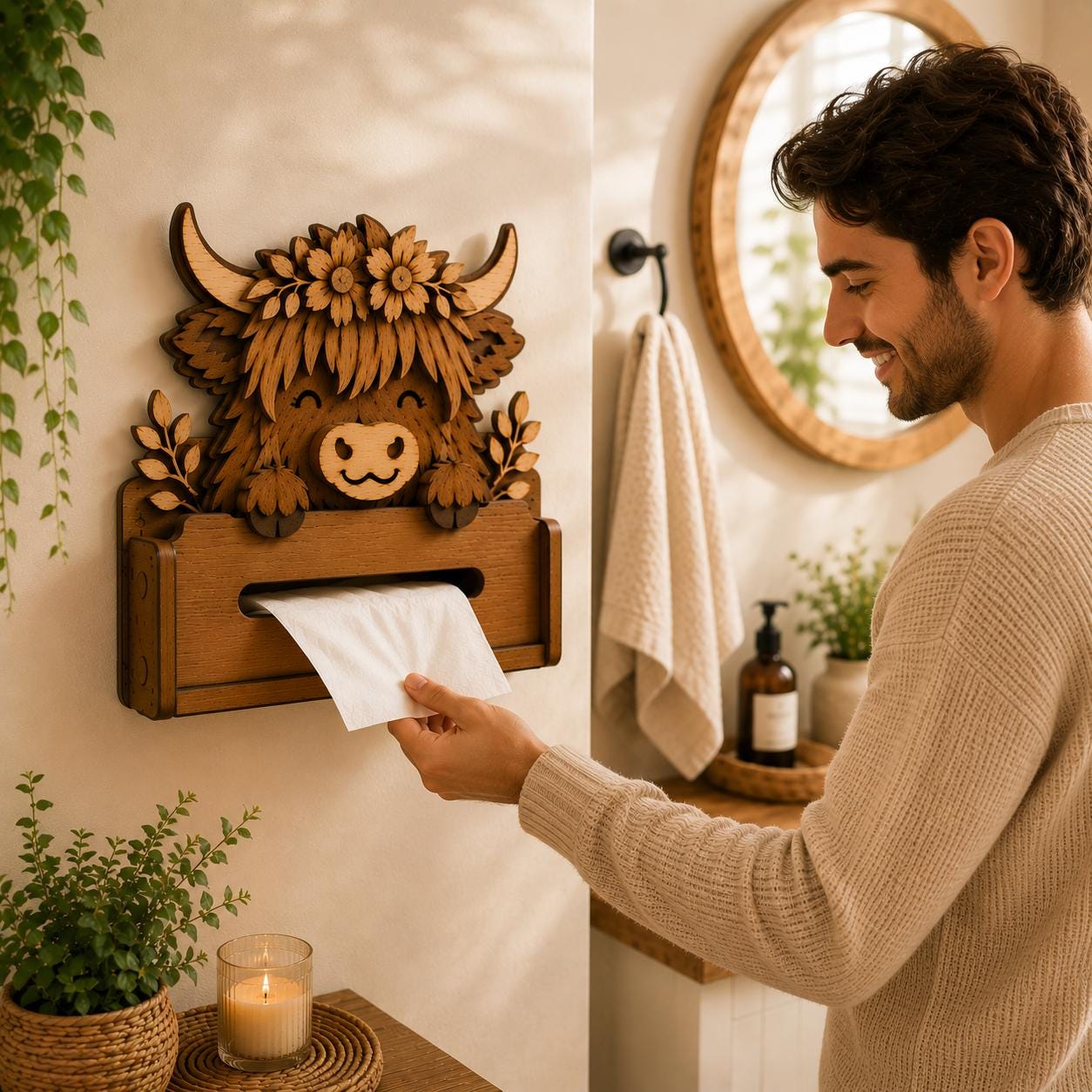 Highland Cow Tissue Box Cover SVG displayed in a cozy farmhouse bathroom with rustic wooden wall decor.