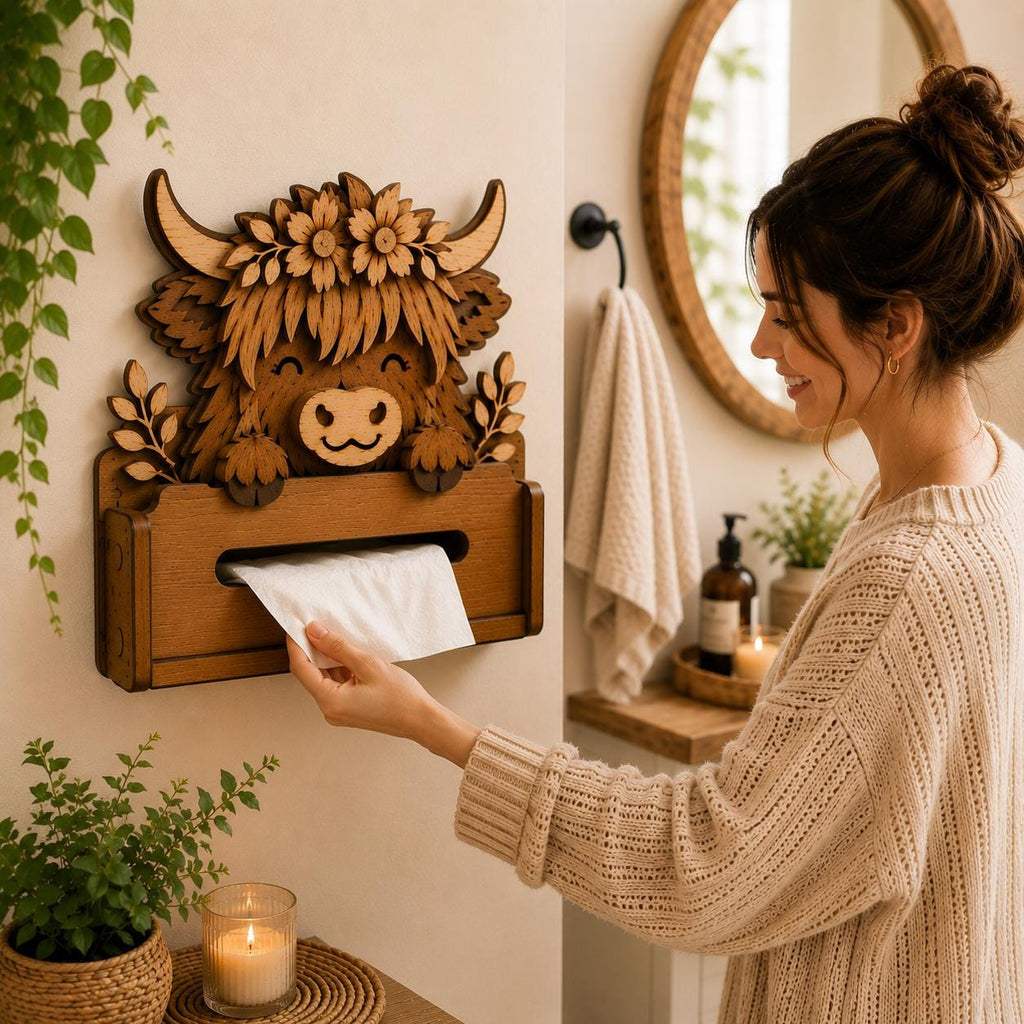 Woman using a Highland Cow Tissue Box Holder in a farmhouse bathroom featuring rustic laser cut wall decor.