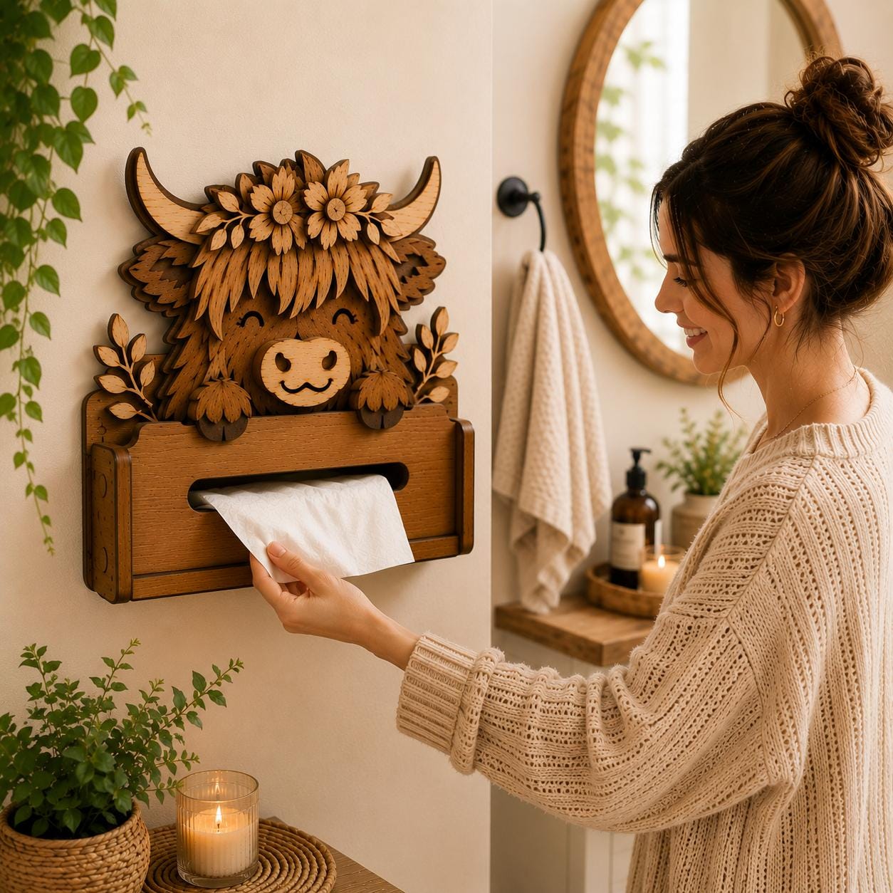 Woman using a Highland Cow Tissue Box Holder in a farmhouse bathroom featuring rustic laser cut wall decor.