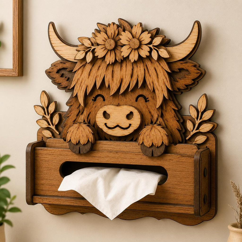 Farmhouse bathroom featuring a Highland Cow Tissue Box Holder laser cut design mounted on the wall as rustic home decor.