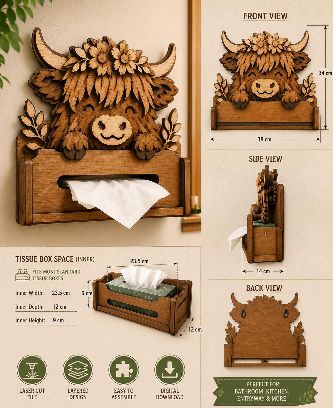 Highland Cow Tissue Box Holder SVG dimensions and size guide showing finished measurements and tissue box compartment specifications.