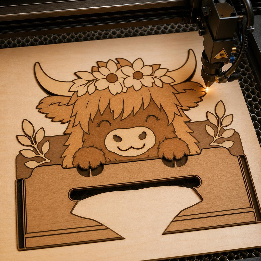 Highland Cow Tissue Box Holder SVG being cut on a laser machine using layered laser cut design for Glowforge and xTool.