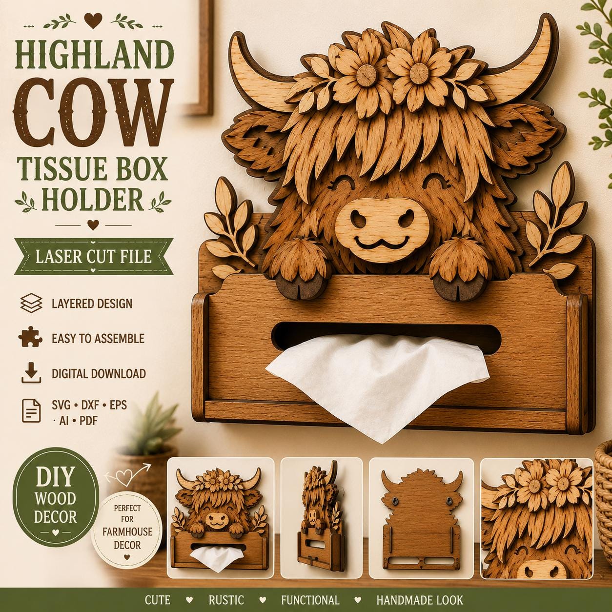 Highland Cow Tissue Box Holder SVG laser cut file featuring a cute layered farmhouse cow tissue box cover for bathroom and home decor.