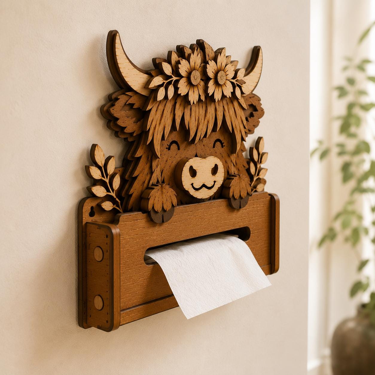 Cute Highland Cow Tissue Box Holder SVG laser cut file featuring a layered farmhouse cow design with flowers, wall mounted tissue box cover for Glowforge, xTool, LightBurn and laser cutting projects.