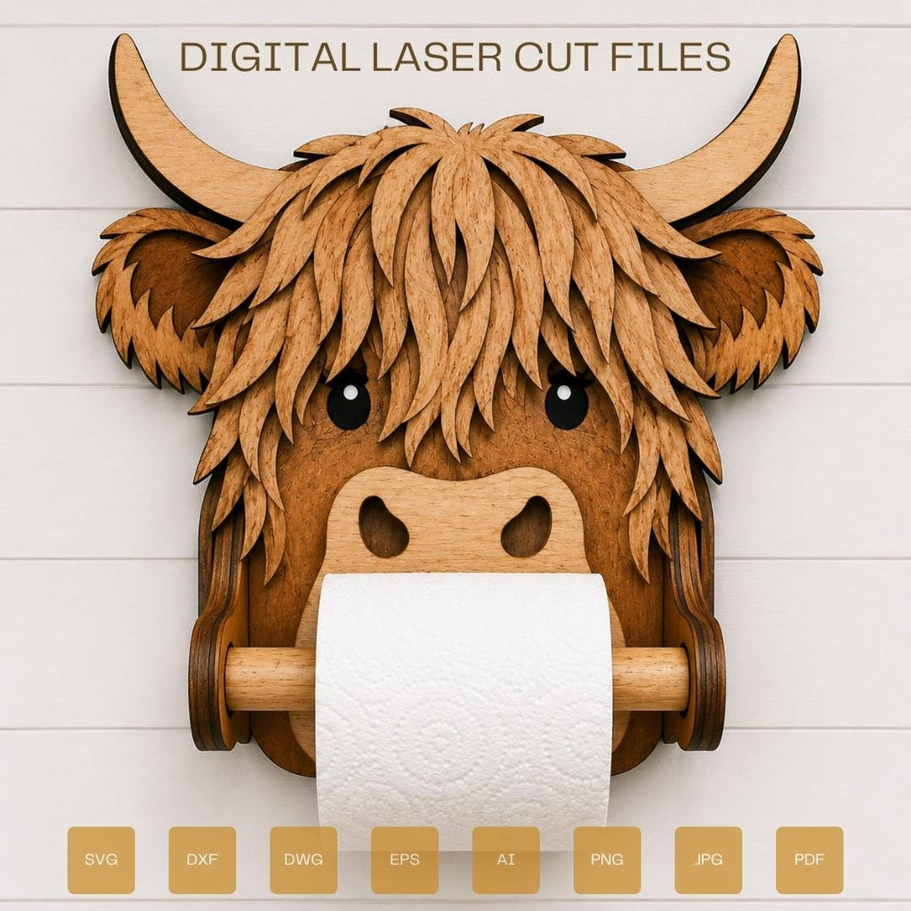 Highland Cow toilet paper holder SVG laser cut file featuring a layered wooden design, rustic farmhouse bathroom decor, and Glowforge compatible digital download.