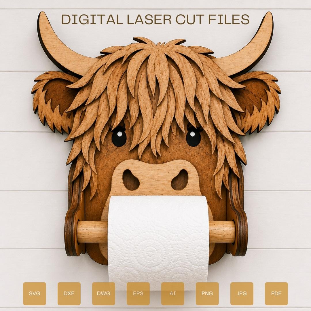 Highland Cow toilet paper holder SVG laser cut file featuring a layered wooden design, rustic farmhouse bathroom decor, and Glowforge compatible digital download.