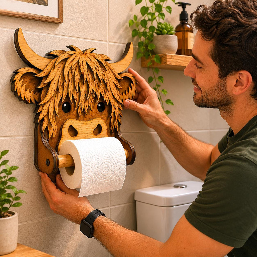 Man mounting a Highland Cow toilet roll holder made from a laser cut SVG design, ideal for Glowforge, CNC, and woodworking projects.
