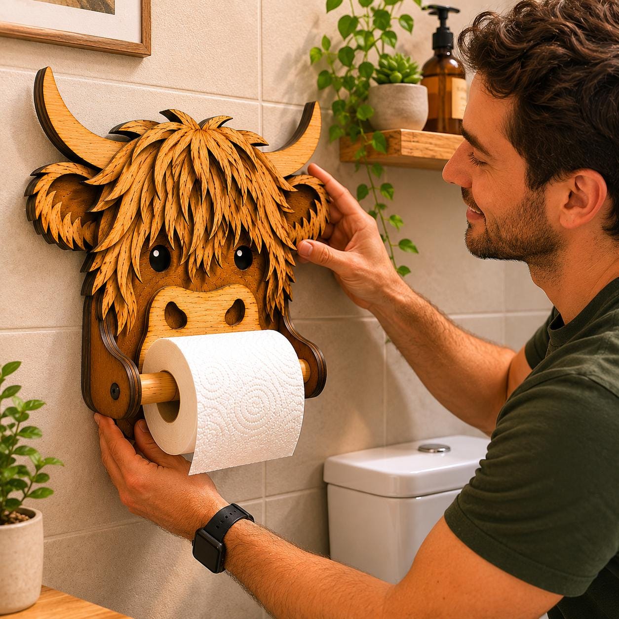 Man mounting a Highland Cow toilet roll holder made from a laser cut SVG design, ideal for Glowforge, CNC, and woodworking projects.