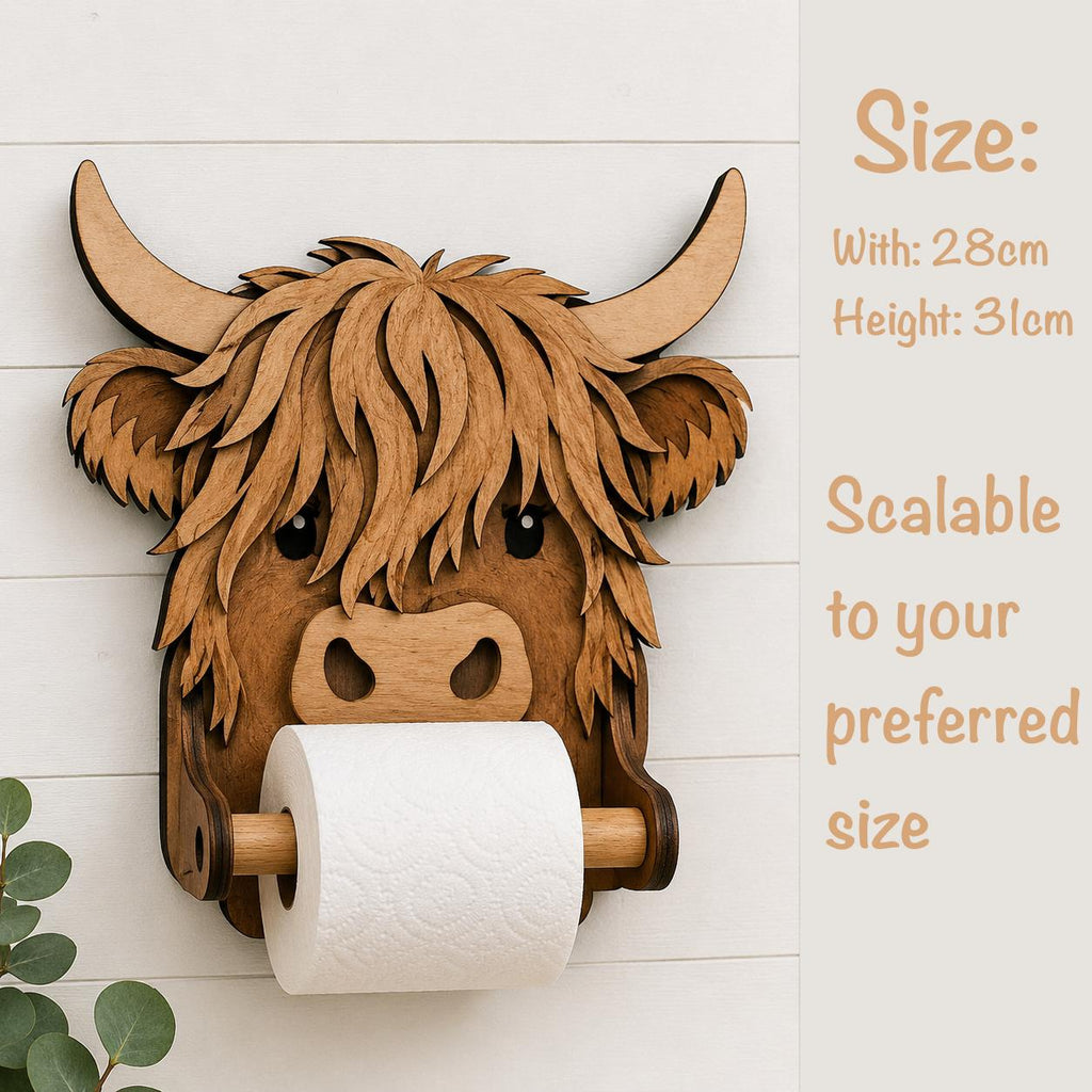Highland Cow toilet roll holder SVG laser cut design with size information, scalable dimensions, layered wood construction, and farmhouse bathroom wall decor.