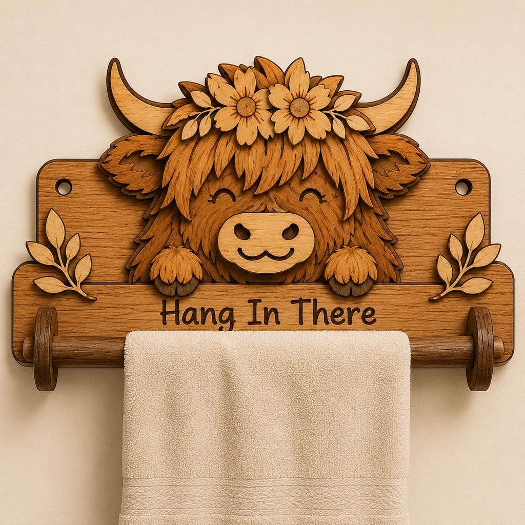 Digital laser cut files preview showing Highland Cow towel holder SVG design with included formats SVG, DXF, DWG, EPS, AI, PNG, JPG, and PDF.