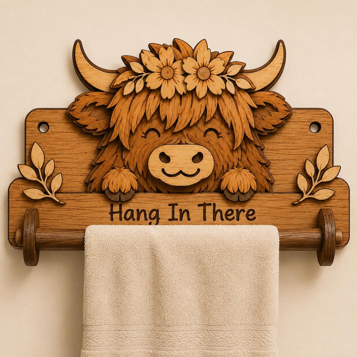 Digital laser cut files preview showing Highland Cow towel holder SVG design with included formats SVG, DXF, DWG, EPS, AI, PNG, JPG, and PDF.