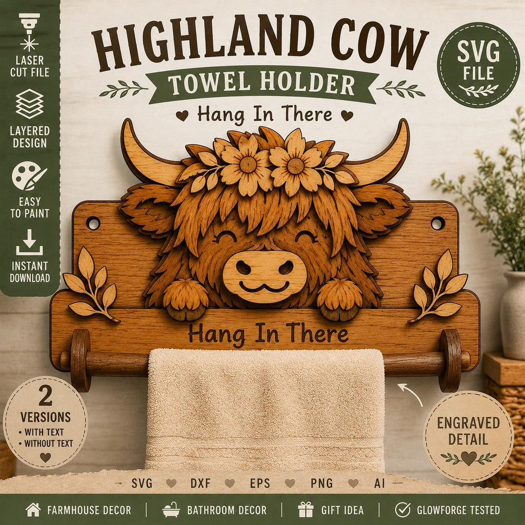 Highland Cow towel holder SVG laser cut file featuring a layered wooden cow design with floral crown, farmhouse bathroom decor, and towel rack for Glowforge and CNC projects.