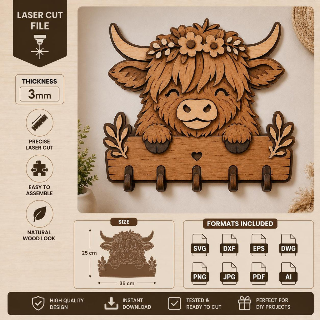 Highland Cow wall key holder SVG bundle featuring layered laser cut construction, 5 hooks, farmhouse style, and multiple file formats for laser cutting.