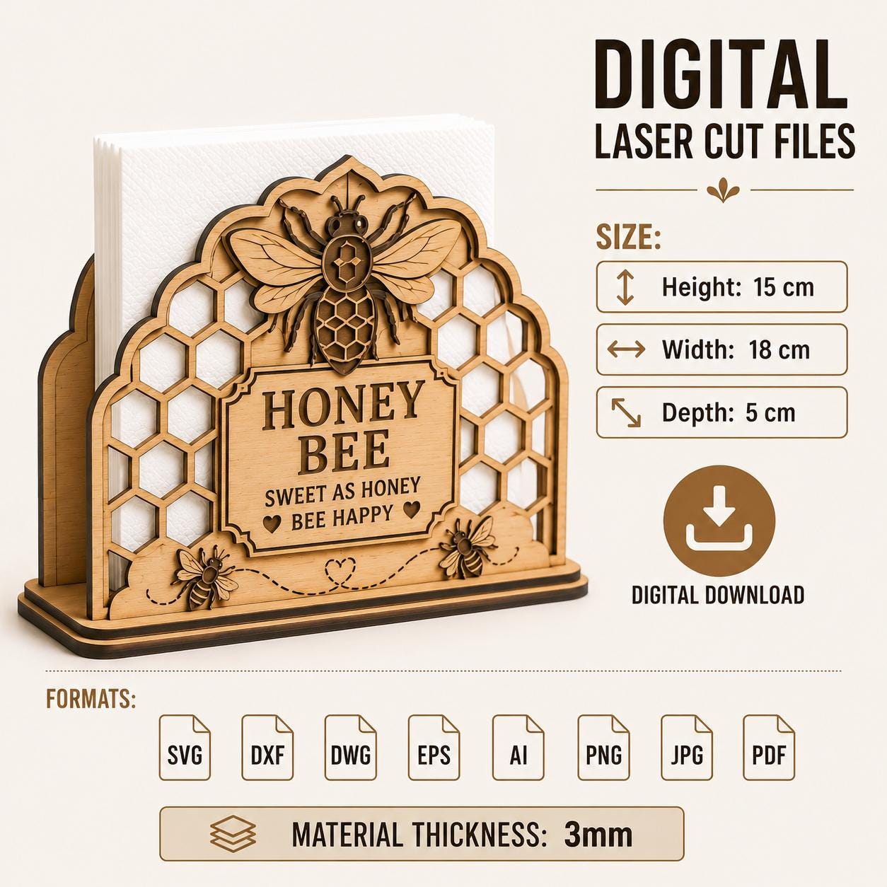 Honey Bee Napkin Holder SVG dimensions guide showing finished size, material thickness, file formats, and laser cutting specifications for Glowforge and xTool users.