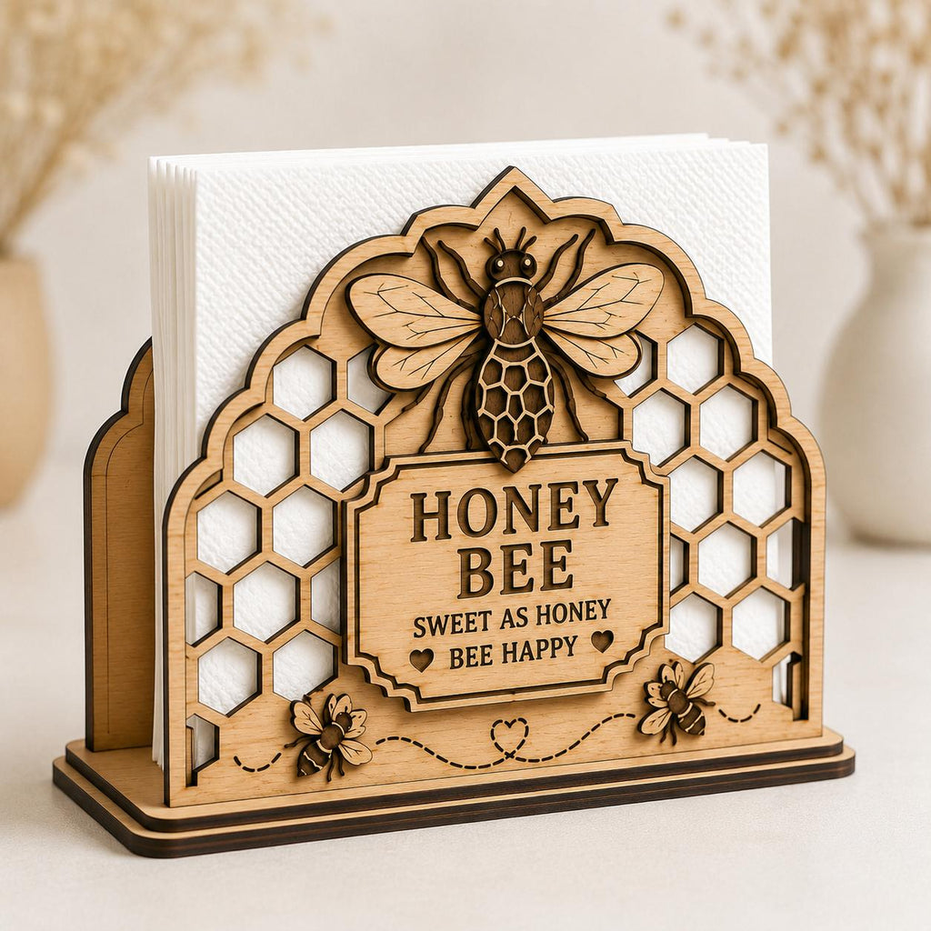 Front view of a Honey Bee Napkin Holder SVG with layered laser cut details, honeycomb background, decorative bees, and farmhouse-inspired wooden finish.