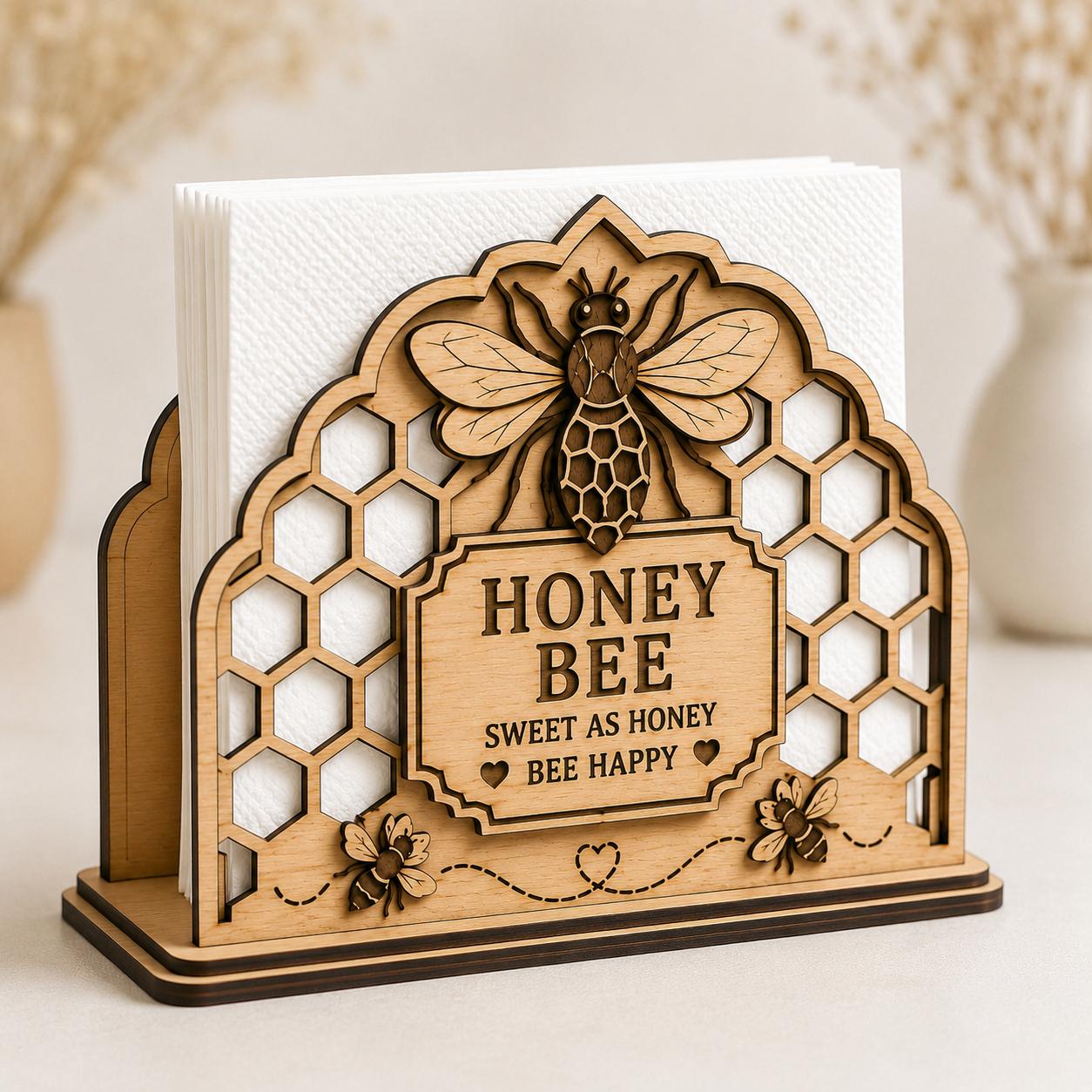 Front view of a Honey Bee Napkin Holder SVG with layered laser cut details, honeycomb background, decorative bees, and farmhouse-inspired wooden finish.