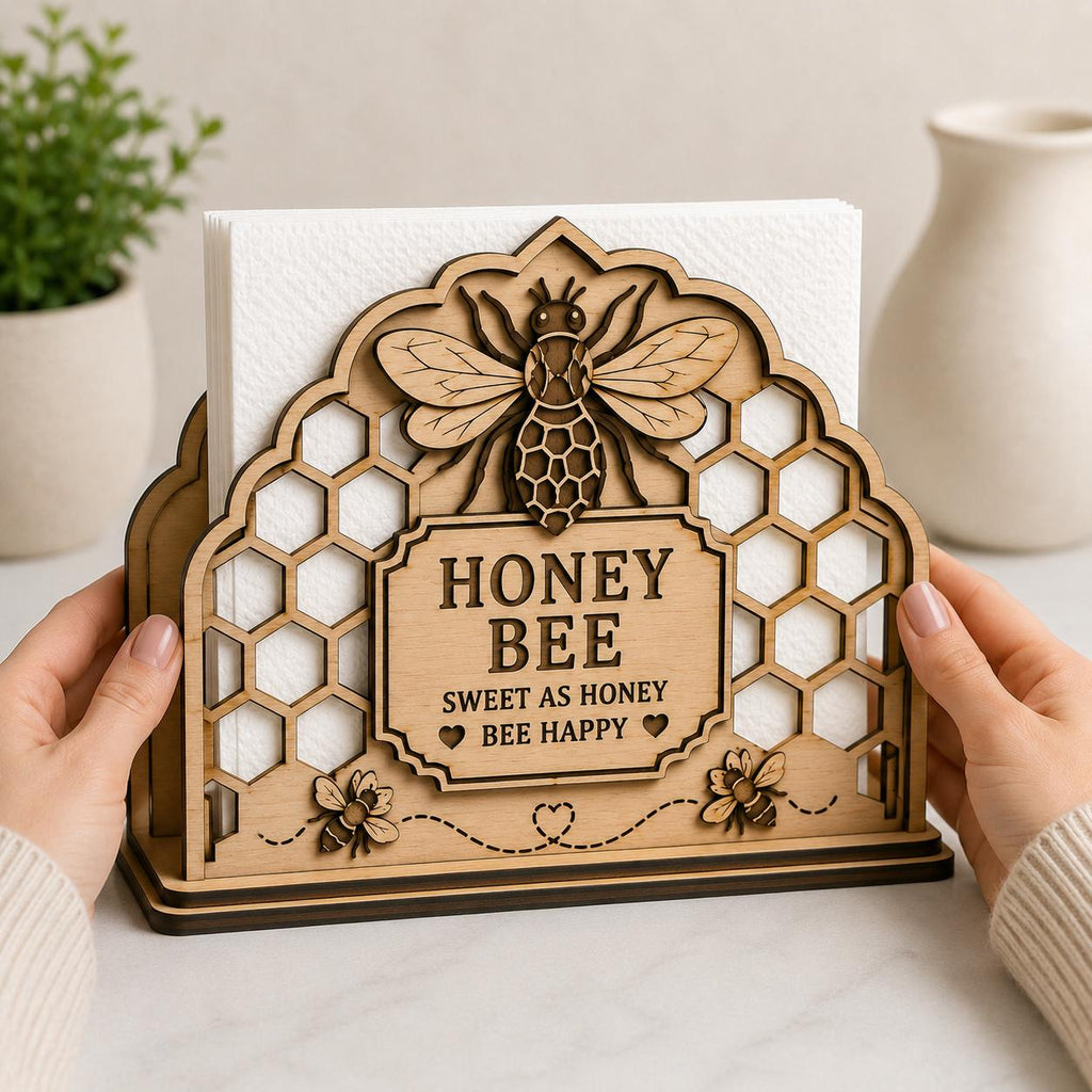 Honey Bee Napkin Stand SVG laser cut file displayed with napkins inserted, ideal for DIY woodworking projects, Glowforge crafting, and farmhouse home decor.