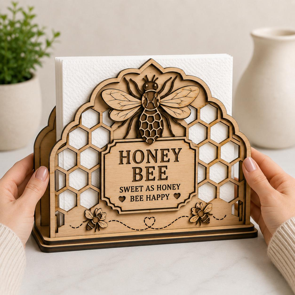 Honey Bee Napkin Stand SVG laser cut file displayed with napkins inserted, ideal for DIY woodworking projects, Glowforge crafting, and farmhouse home decor.